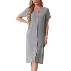 Cheibear -  Women's Nightgown Button Down Short Sleev Grey